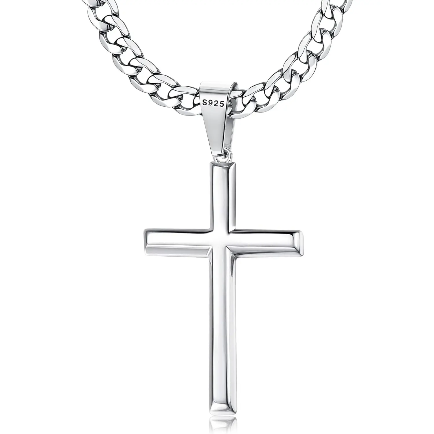 Besteel 925 Sterling Silver Cross Necklace Beveled Edge for Men Women 5mm Stainless Steel Non Tarnish Durable Cuban Link Curb Chain Crucifix Pendant Necklace Jewelry 16-30 Inches Christian Baptism Gifts