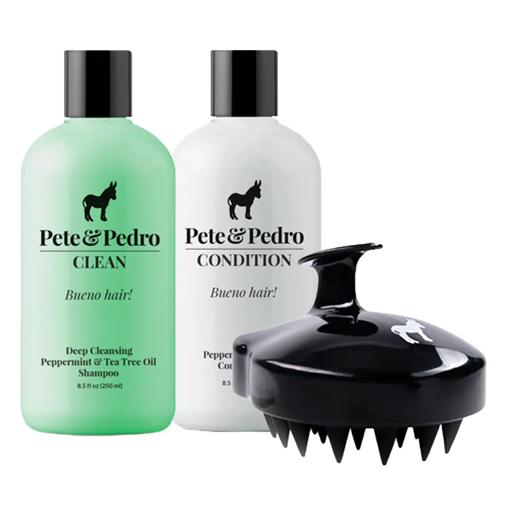 The Hair & Scalp Essentials Kit – Tea Tree Shampoo, Peppermint Conditioner & Scalp Massager Brush | Deep Clean, Oil & Buildup Removal, Flake Control, Itch Relief, Scalp Detox, Root Stimulation, Cool Tingle | Healthy, Softer, Clean Hair | Scalp Care System