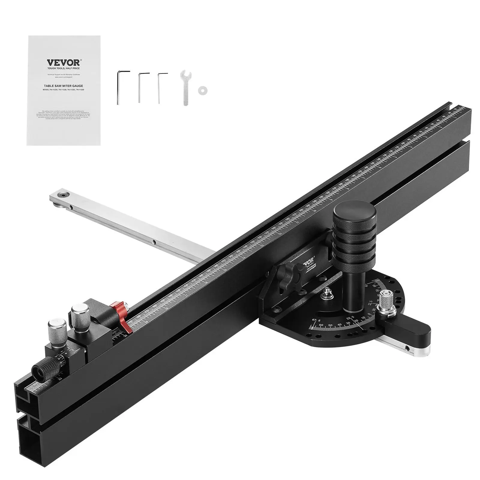 【summerfinds】VEVOR Woodworking Precision Miter Gauge, 3/4''x3/8'' Standard Slot Aluminum Alloy Table Saw Gauge, 24in Convex-Concave Grating, 15 Angle Stops, Adjustable Bead Spring-Loaded Plunger, Removable Disc, Father's Day Gift, Adults, Hex Wrench