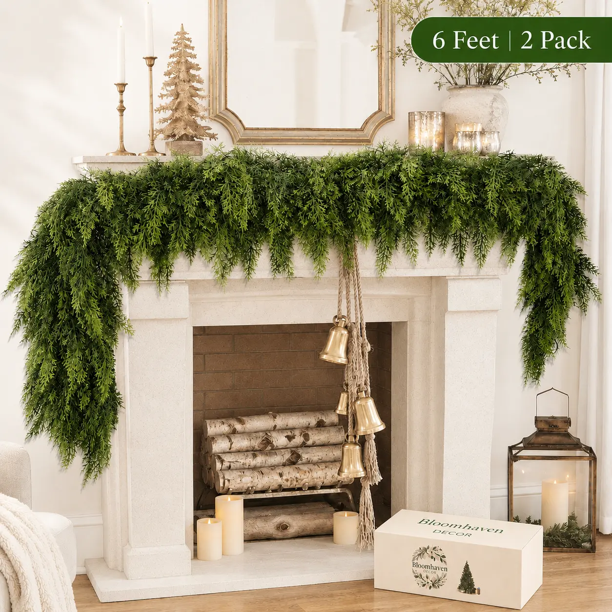 6 FT 2 Pcs Artificial Cedar Garlands, Real Touch Winter Cedar Garland, Green Artificial Greenery Pine Garland for Table, Mantle, Wall, Indoor, Outdoor Christmas Decorations