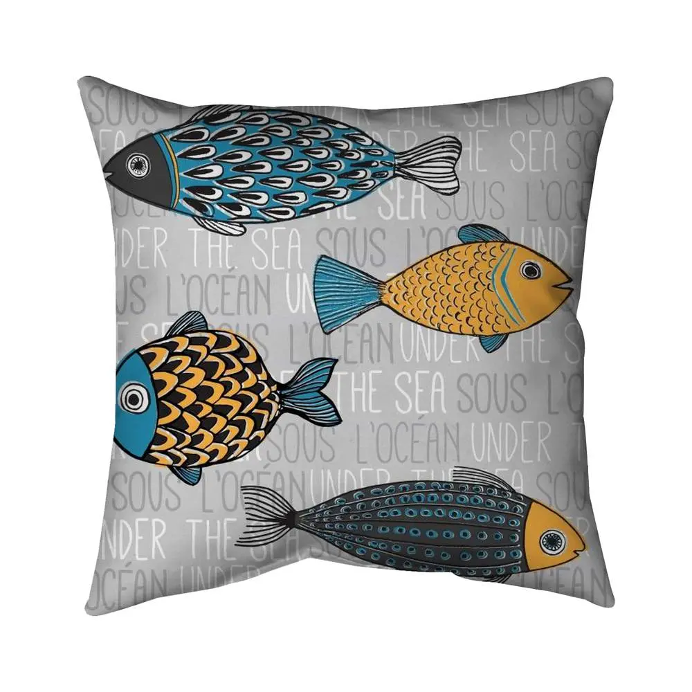 Begin Home Decor 5541-1616-AN193 16 x 16 in. Gray Nautical Fish Pillow - Marine Aquatic Animal Home Decor