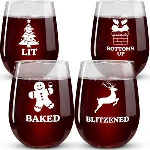 On The Rox Drinks - Funny Christmas Wine Glasses - Set of 4 Stemless Wine Glasses - Holiday Gifts for Her - Lit, Bottom's Up, Baked, Blitzened Printed Glassware Drinkware Sturdy