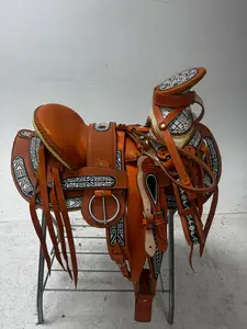 Charro Saddle – Tan Leather with Black & White Greca Embroidery (15.5”) “El Guerrero”