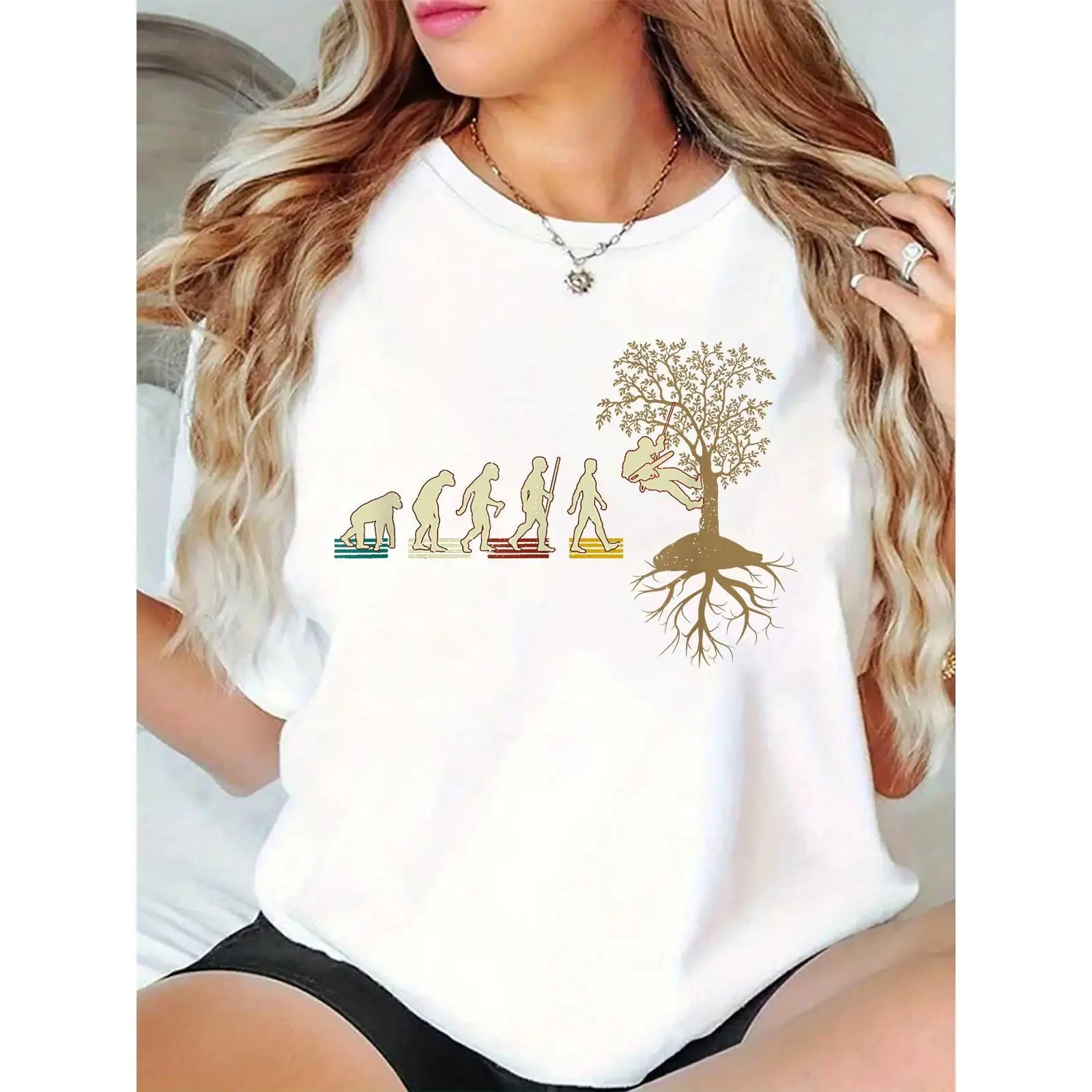 Women's White T-Shirt with Evolution to Tree Climber & Tree Roots Graphic, Arborist Tree Lover Casual Outdoor Apparel for Hiking Camping 100% Cotton T-shirt