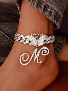 Rhinestone Butterfly & Letter Decor Cuban Chunky Chain Link Anklet for Women & Girls, Charms Ankle Bracelet Summer Style Jewelry, for Birthday Gift Back To School, Girlfriend Gifts, Fashion Jewelry Accessories