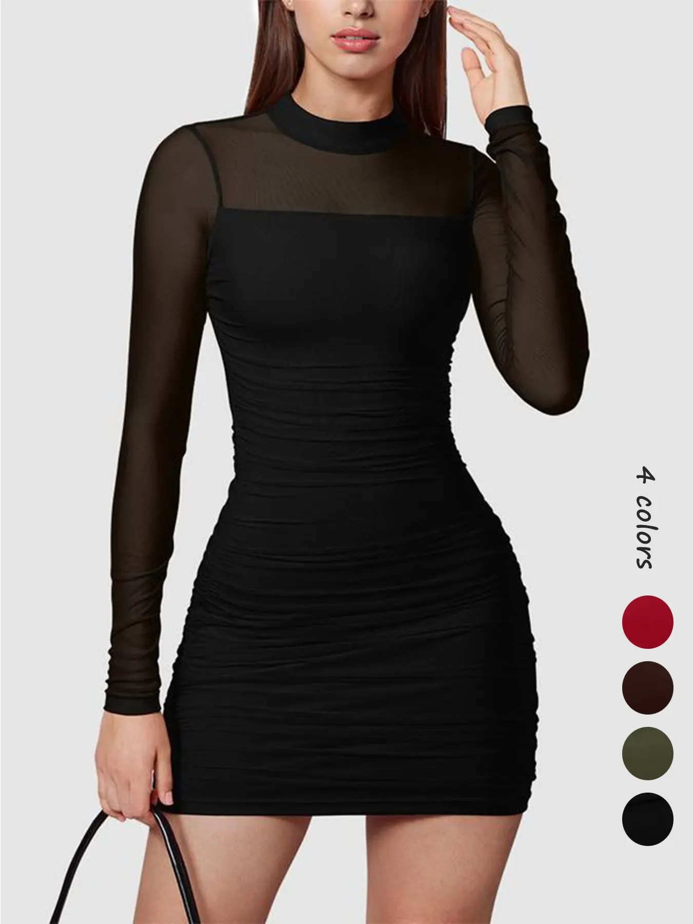 Women's glitter mesh Sheer semi-transparent long-sleeved pleated ruched mini dress, sexy, slimming, feminine, Elegance and Fitted style, high neck design, suitable for cocktail parties or club gatherings