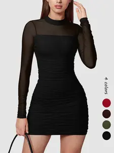 Women's glitter mesh Sheer semi-transparent long-sleeved pleated ruched mini dress, sexy, slimming and Fitted style, high neck design, suitable for cocktail parties or club gatherings