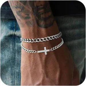 2Pcs Mens Silver Bracelet with Cross Pearl Sturdy Stainless Steel Bracelets for Men Non Tarnish Adjustable Snake Box Figaro Rope Cuban Link Bracelet Set Gifts to Men Dad