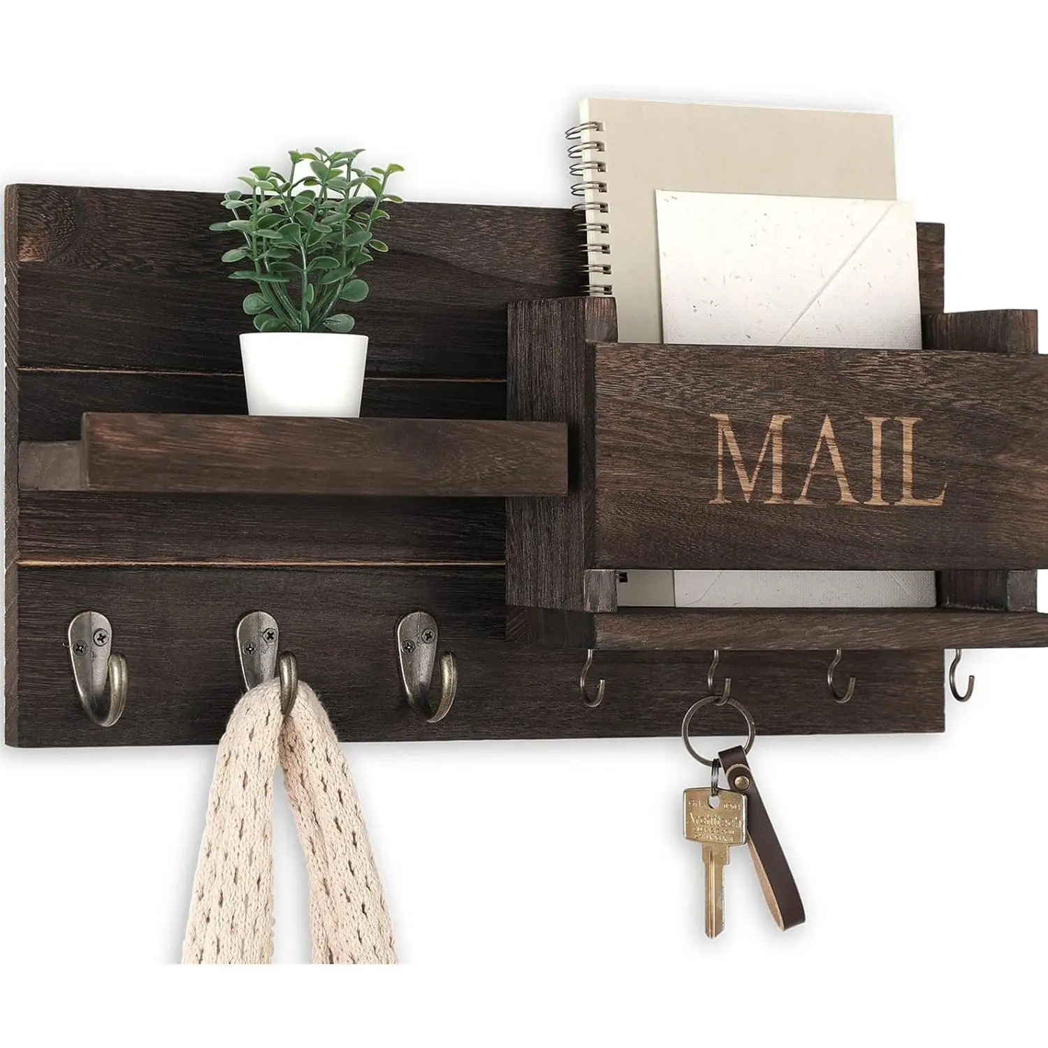 Mail Organizer for Wall Mount - Key Holder with Shelf Includes Letter Holder and Hooks for Hallway Farmhouse Decor - Rustic  with Flush Mounting Hardware (16.5" x 9.1" x 3.4") (Brown)