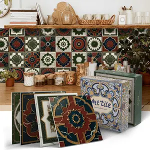Vintage European Moroccan Round Plate Geometric Floral Wall Tile Stickers, Waterproof Removable Tiles for Bathroom Kitchen, 15x15 Cm, Self-Adhesive Vinyl