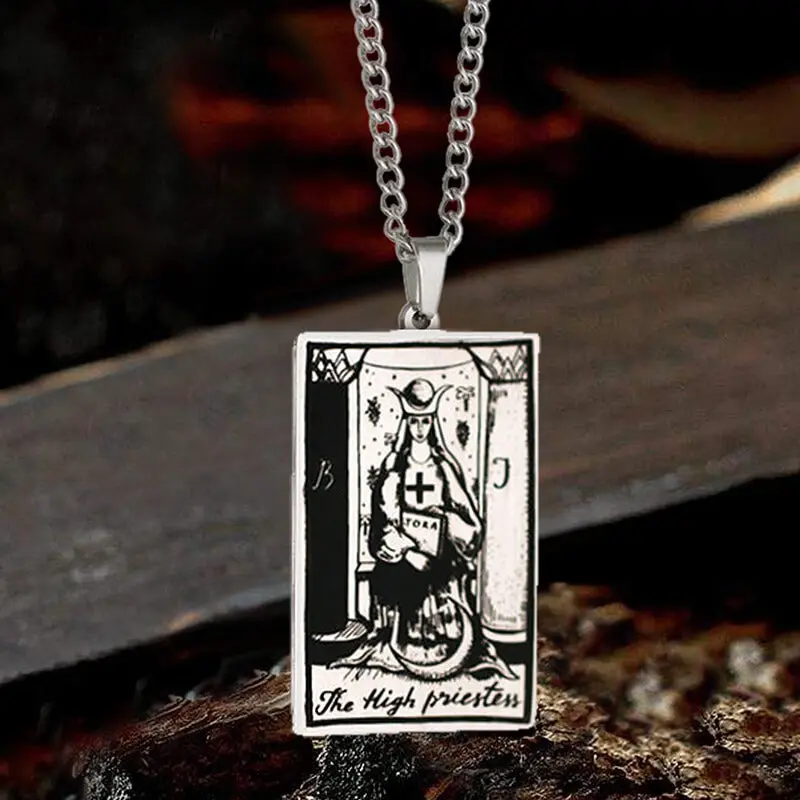 GTHIC Unisex Gothic Witch Jewelry Stainless Steel Necklace - Modern 24x40mm Card Shape High Priestess Tarot Pendant for Daily Wear