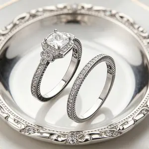 Halo Engagement Ring and Eternity Band Set, Elegant Bridal Jewelry for Wedding Party Daily Use
