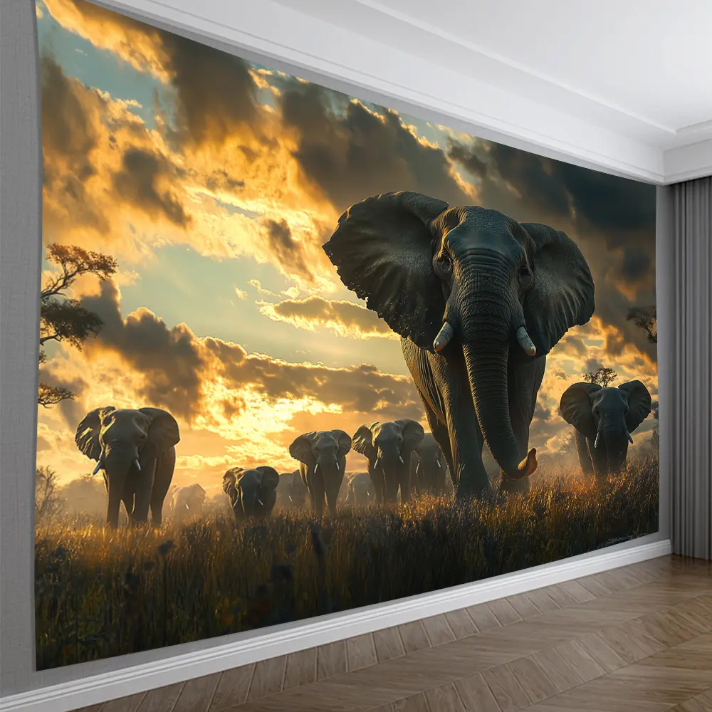 Majestic African Elephant Family Sunset Wall Tapestry - Vibrant Polyester Backdrop for Living Room, Bedroom, Office & Party Decor |   Perfect Creative Gift Idea, Elephant Decor