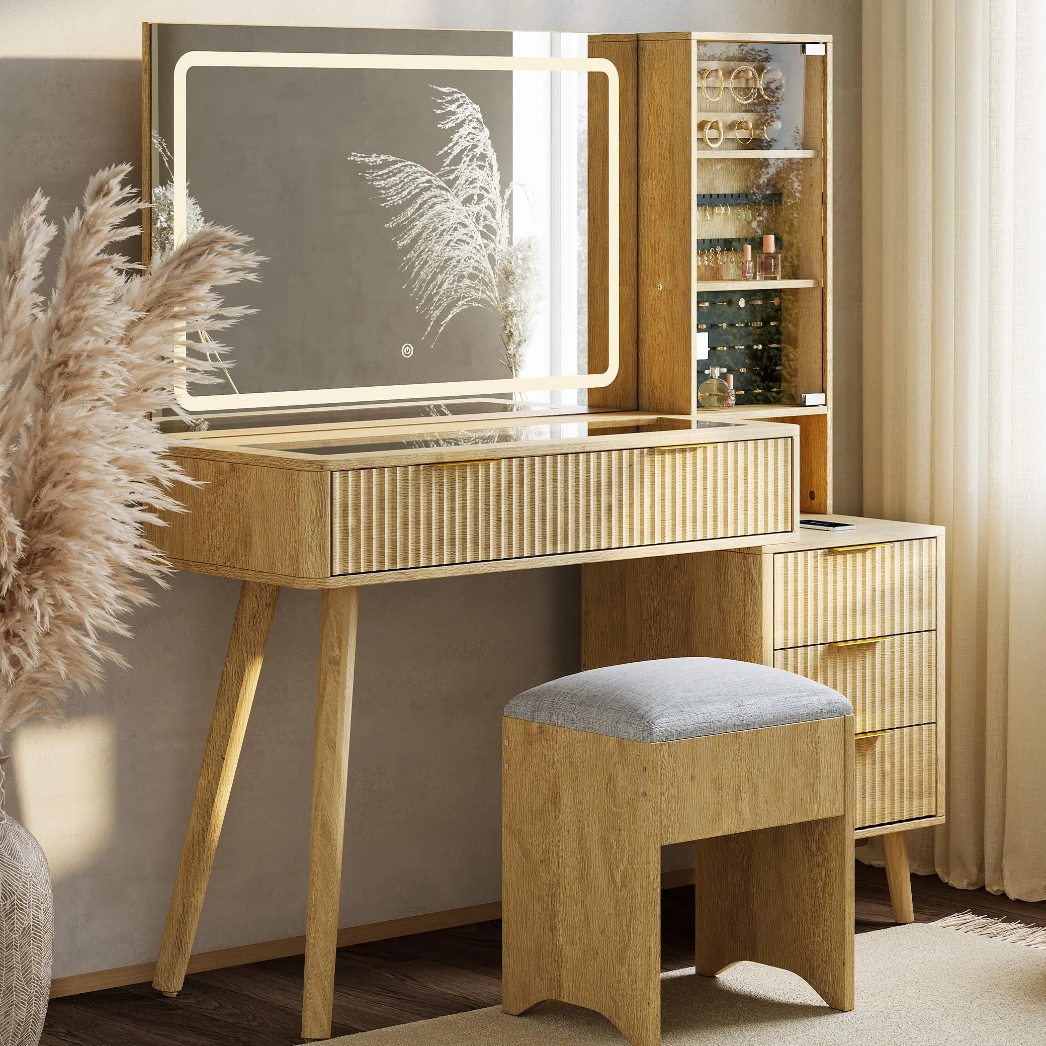Garvee Makeup Vanity with Illuminated Mirror, Charging Station, Padded Storage Stool, and Natural Wood Finish - Perfect for Bedroom Use