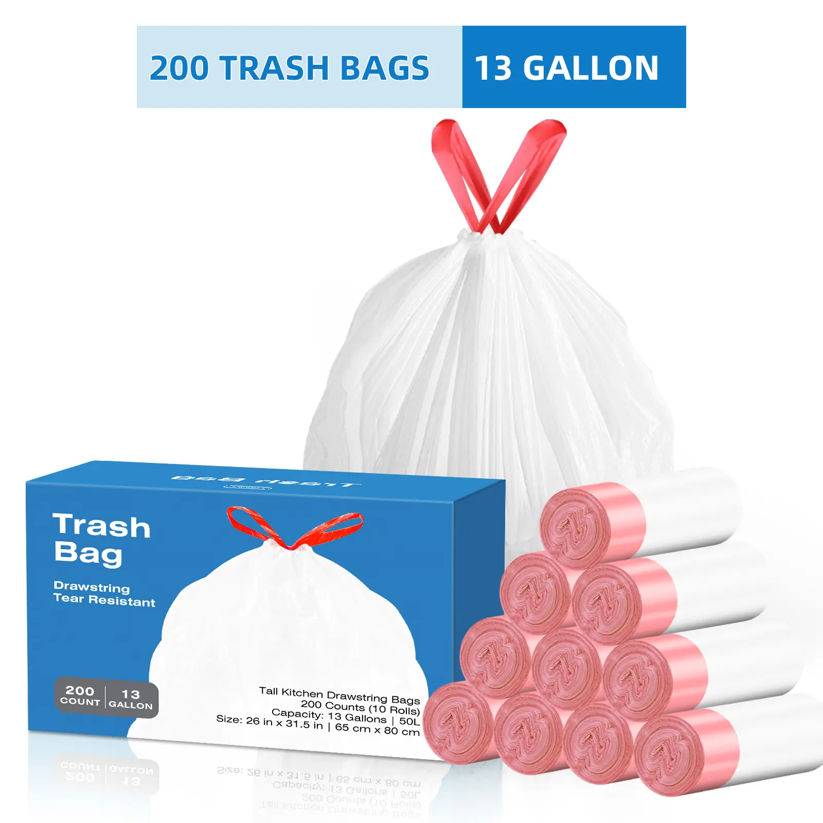 13.2 Gal Unscented Drawstring White Trash Bags, 200 Count Plastic Trashbags, 10 Rolls Pre-separated Garbage Bags, Leak Proof Waste Bags for Kitchen, Home, Office, Garage