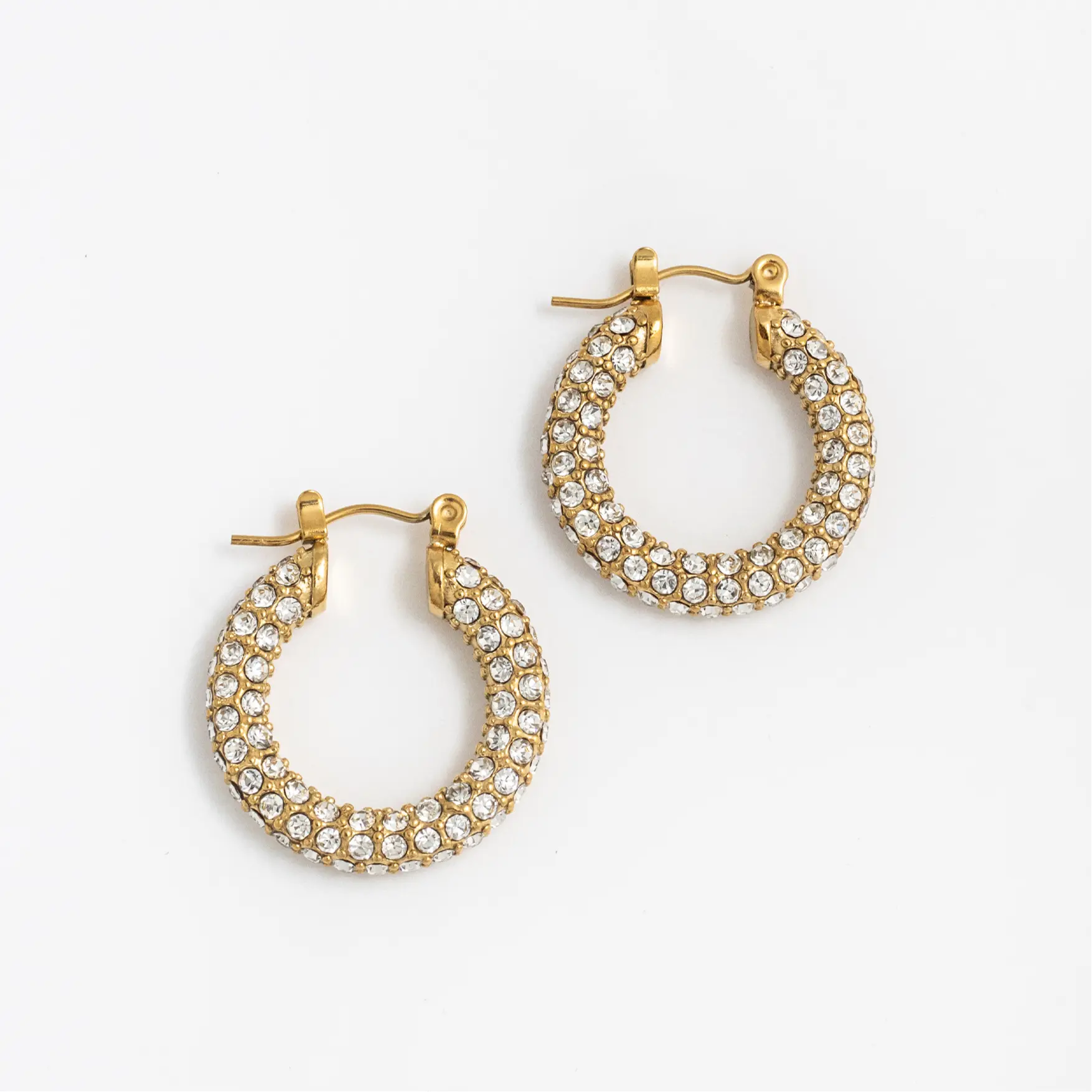Gold Plated Stainless Steel Sparkly Statement Earrings - Classic Fashionable Gold Plated Hoops with Rhinestones, Casual Versatile Jewelry for Everyday Wear
