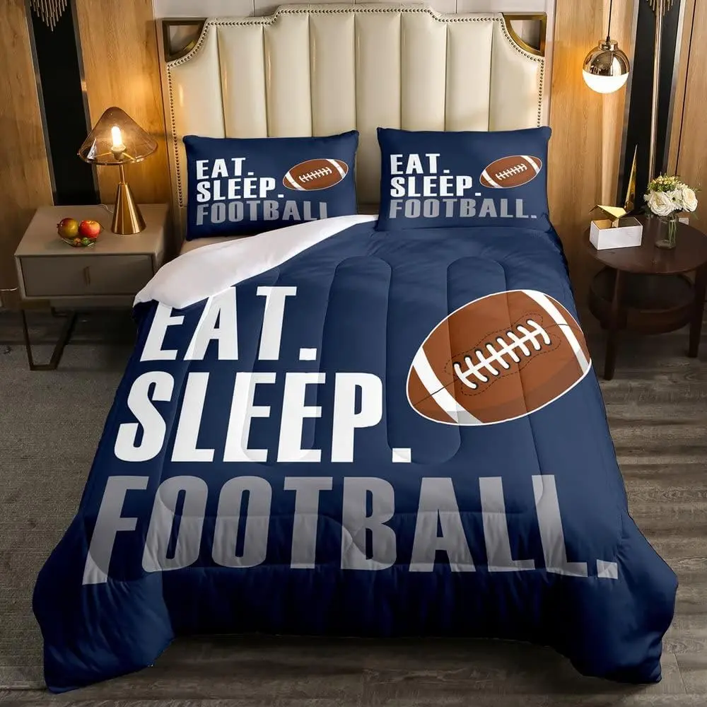 Feelyou Queen Bedding Quilt Set - Sport-Inspired Digital Print, Breathable Soft Durable Modern Linens, Blue Rugby & Football Themed "Eat Sleep Football" Comforter Set
