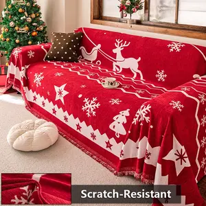 Christmas Snowflake Design Chenille Red Stretch Sofa Cover with Christmas Tree Reindeer Patterns, Fashionable Style, Scratch-Resistant, Stain-Resistant Pet-Friendly Sofa Slipcover, Christmas Gift, Fits 1-4 seater sofas,Machine Washable