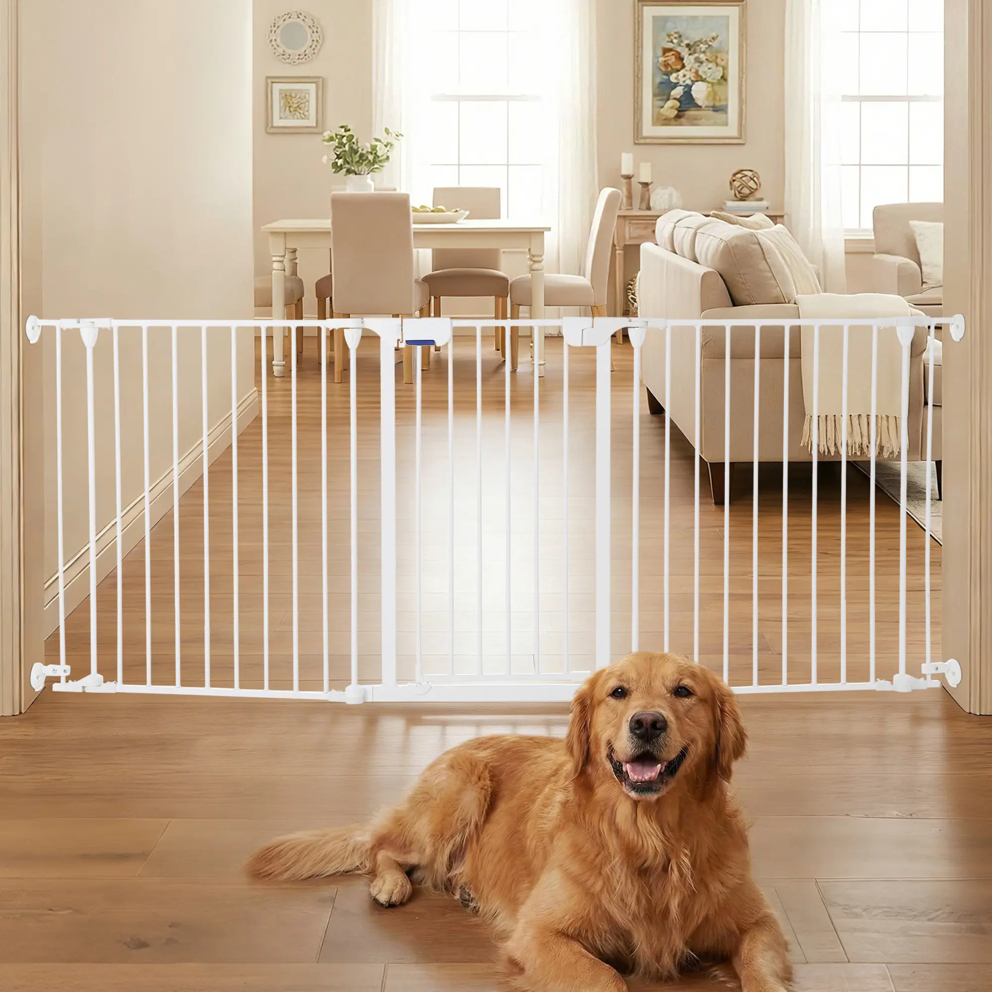 Playpen, Extra Wide 3/5/6/8 Panels, White/Black,Safety Essentials for the House, Auto Close Dog Gate for Doorways, Easy Install Pressure Mounted Pet Gates for Outdoor, Indoor, Dogs,Pets, Kids, RV Camping Yard