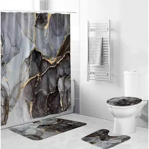 4 Pcs Bathroom Shower Curtain Set with Non-Slip Rugs,Toilet Lid Cover and Bath Mat,Black Gray and Gold Marble Bathroom Decor Set with Shower Curtain and Rugs and Accessories