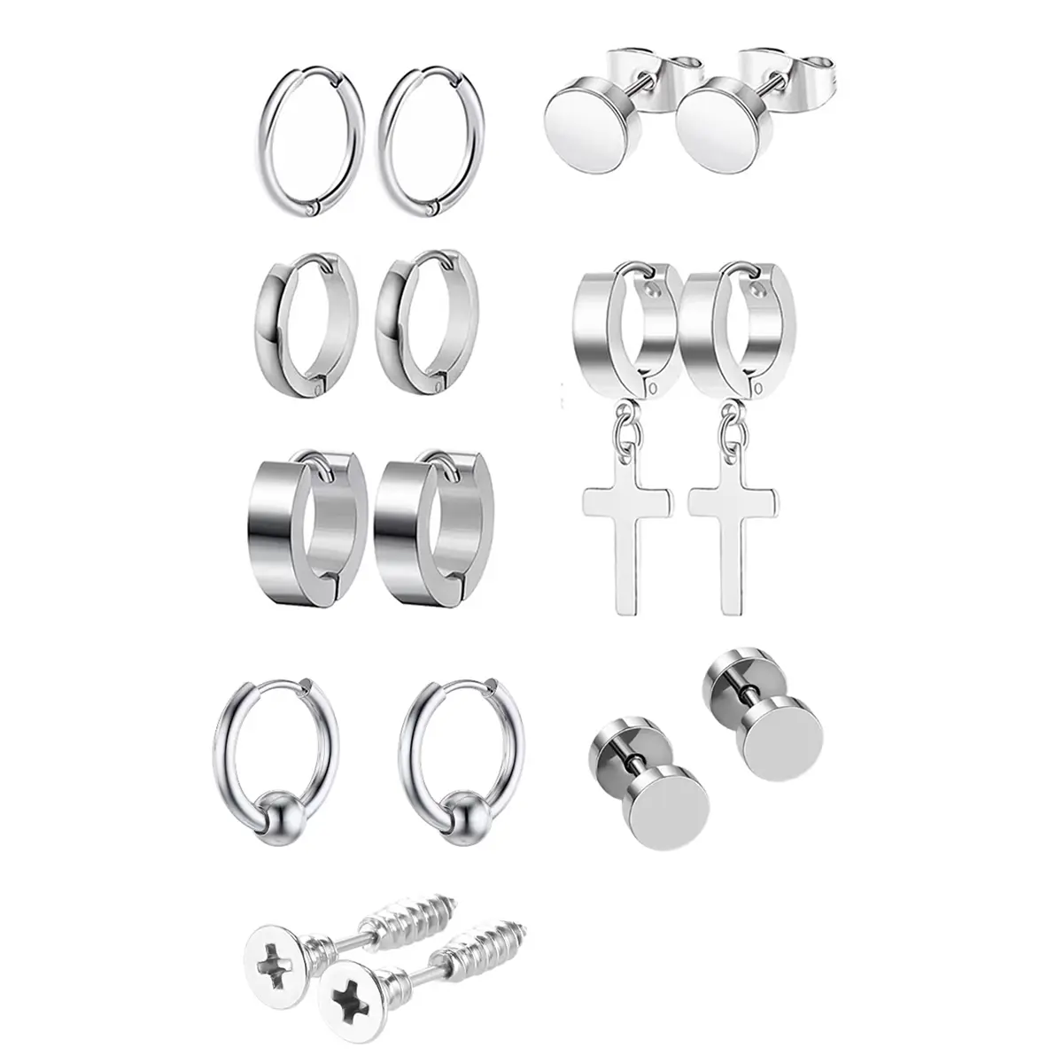 8 pairs of stainless steel earrings for men, hoop earrings for men, dangling cross earrings, zircon stud earrings set for men and women stackedlobeearrings