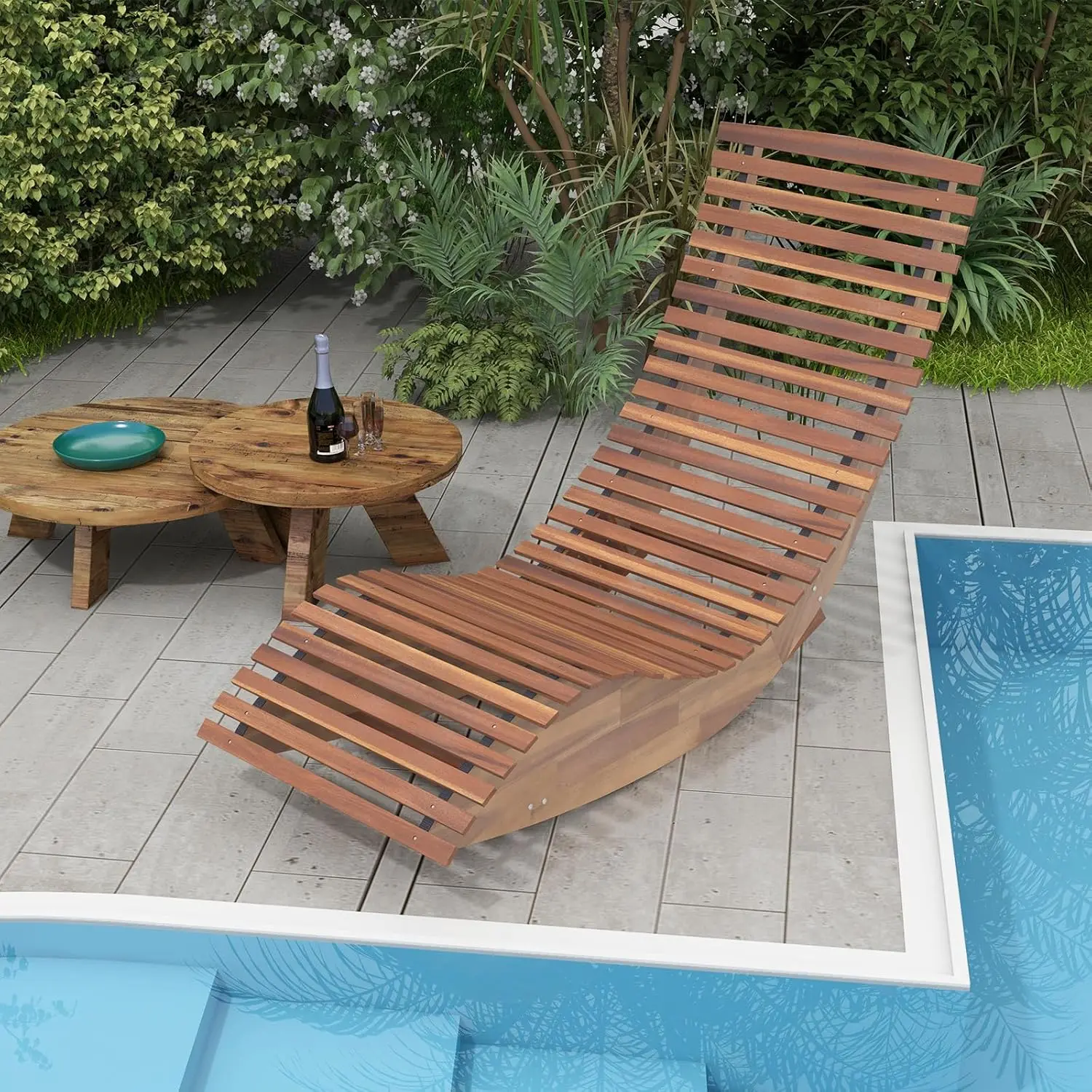 COSTWAY Outdoor Chaise Lounge Chair, Acacia Wood Rocking Sunbed with Slatted Backrest and Seat, Wooden Loveseat Rocker for Patio, Garden and Poolside-4th of july decor, dad gift