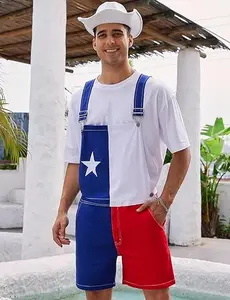 OPDNBON Texas Flag Stretch Bib Overalls for Men Adjustable Straps Work Coveralls Patriotic Printed Shorts Jumpsuit