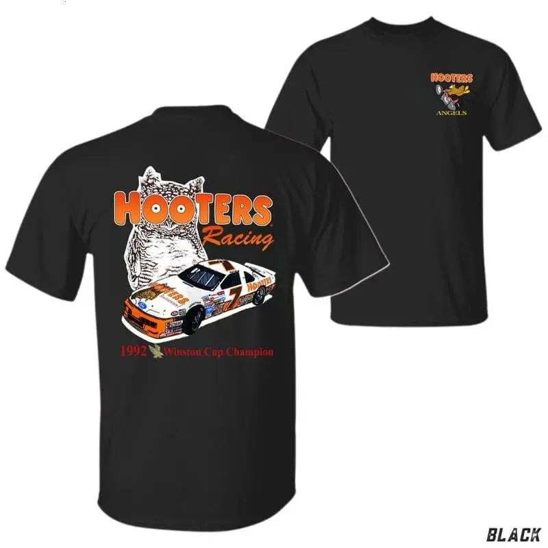 Hooters Racing T-Shirt - Vintage 1992 Winston Cup Champion Car Graphic, Bold Owl Illustration On Back, Small Front Logo With Hooters Angel, Retro NASCAR Design, Black Color Unisex Fit, Minimalist Streetwear Tee, Popular Gift for Racing Trend Followers