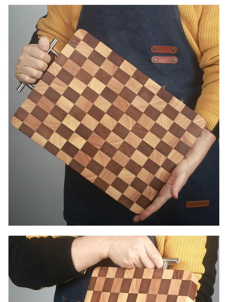 Black Sandalwood & Acacia Checkerboard Cutting Board - Antibacterial Wood Butcher Block with Handle & Non-Slip Ft for Kitchen Chopping