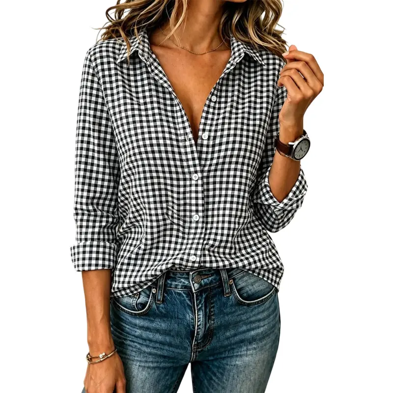 Flamingals Checkered Pattern Button Up Long Sleeve Shirt