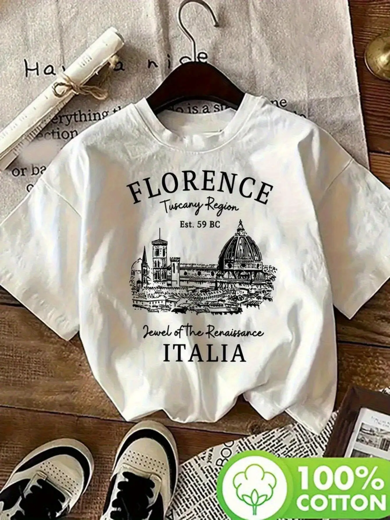 Menswear Short-Sleeve Round Neck T-Shirt - Unisex Italy Florence Rome Travel Print, Vintage European Aesthetic, Oversized Casual Classic Fabric, 100% Cotton 180GSM, Soft Breathable Loose Fit, Daily Wear Vacation Gift Top, Shortsleeve, Tshirt