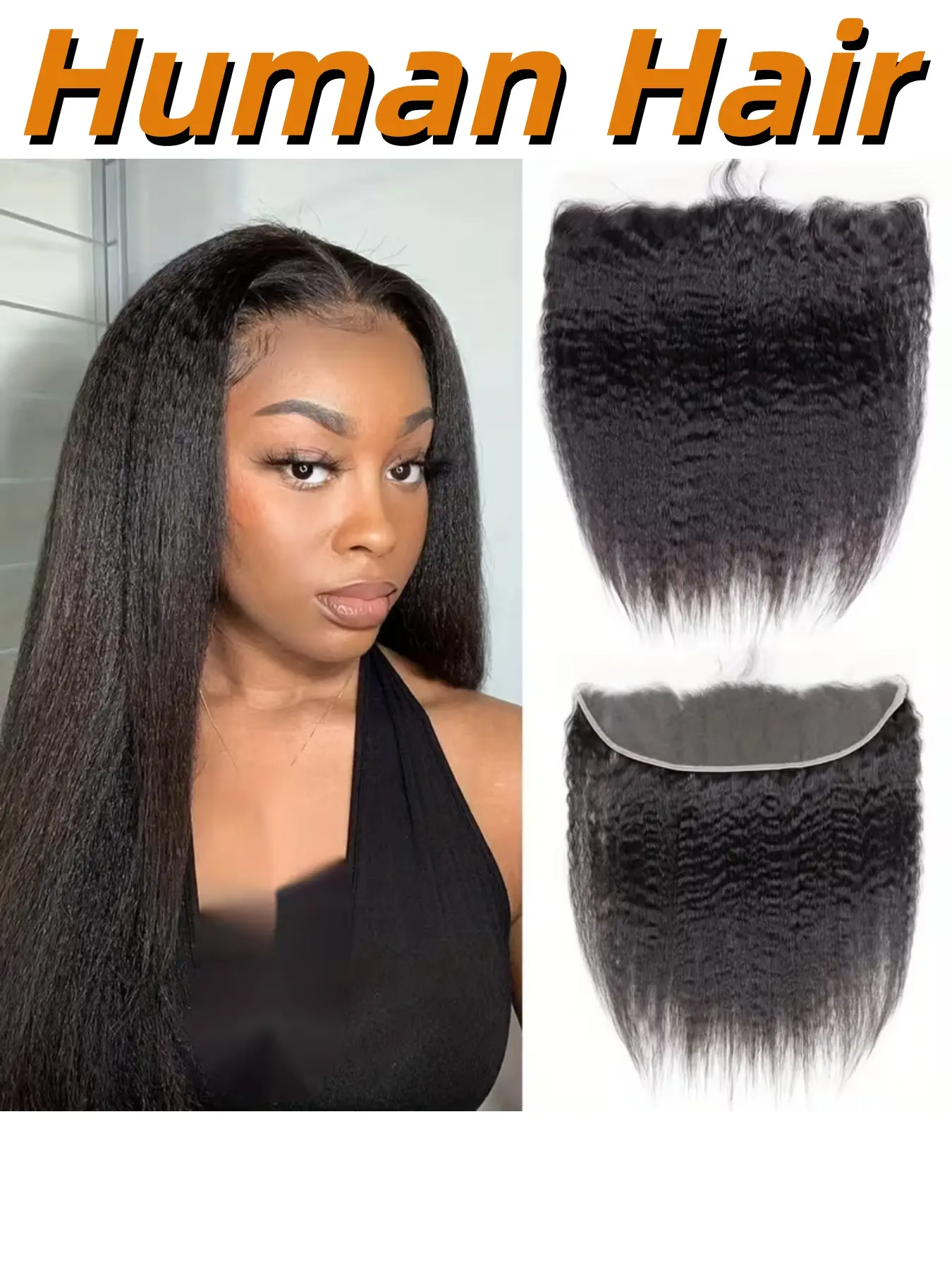 Kinky Straight 13x4 Lace Frontal Closure, Pre-Plucked Yaki Straight Human Hair Closure, Natural Color, Soft & Full, Transparent HD Lace, Lace Front Design For Wigs