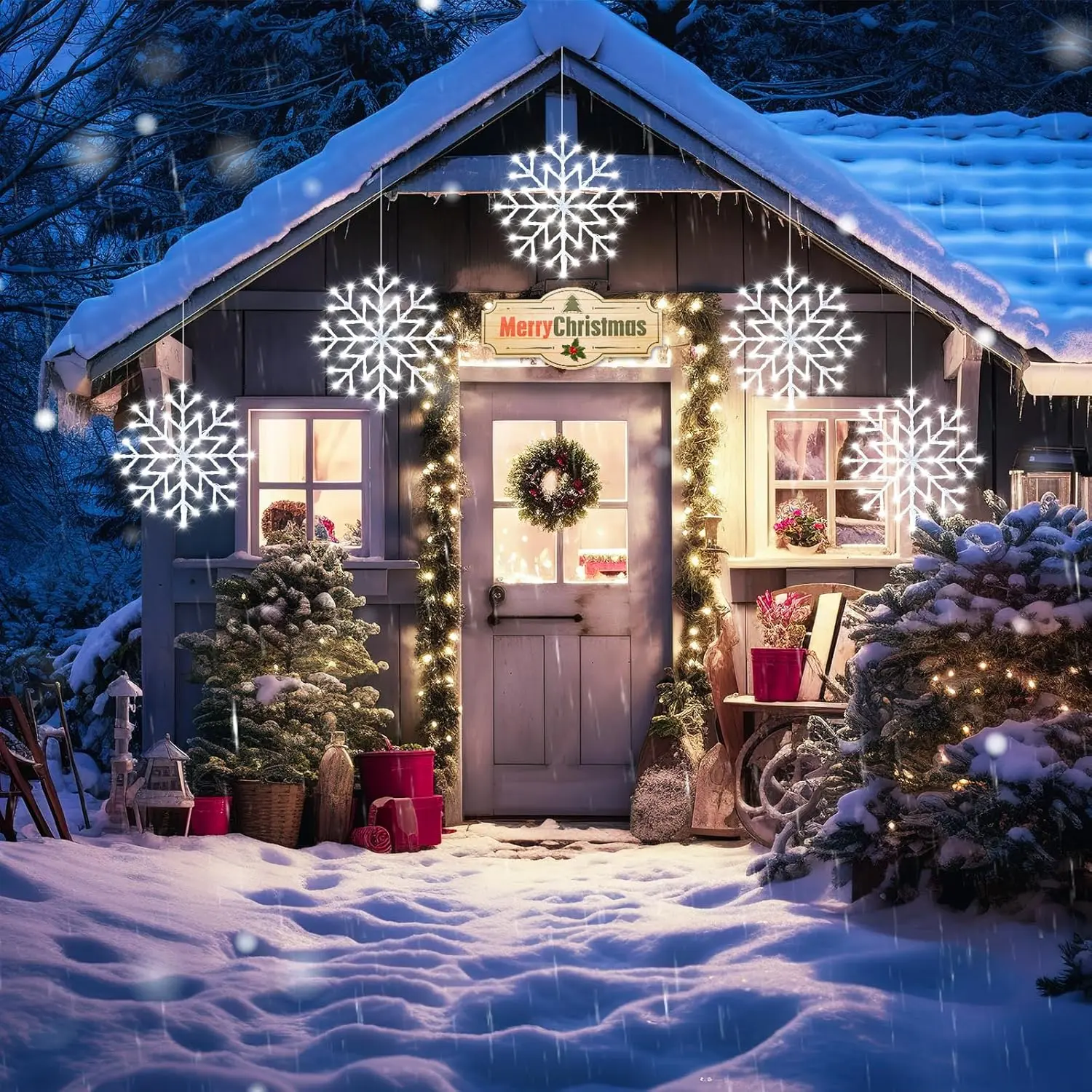 Christmas Snowflake Icicle Lights Outdoor Edition - Plug-in 10.5-foot (3.2m) 5-Tier Cascading 240LED Snowflake Window Decor Lights, 8 Selectable Modes, Suitable for Indoor/Outdoor Porches, Eaves, Roofs, and Pergolas as Christmas Decorative String Lights