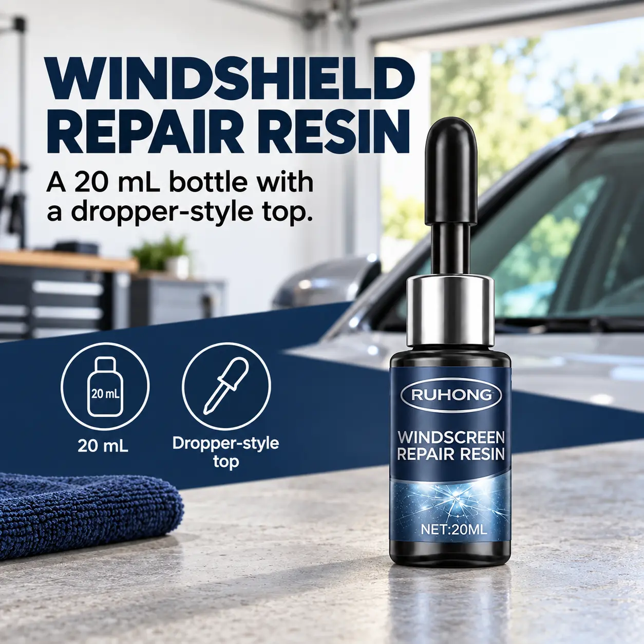 20ml Tool-Free Windshield Repair Resin Kit Durable Resin-Based Glass Repair Fluid for Quick and Easy Repair of Chips and Bullseyes Under 1 Inch Diameter and Cracks Under 12 Inches Long