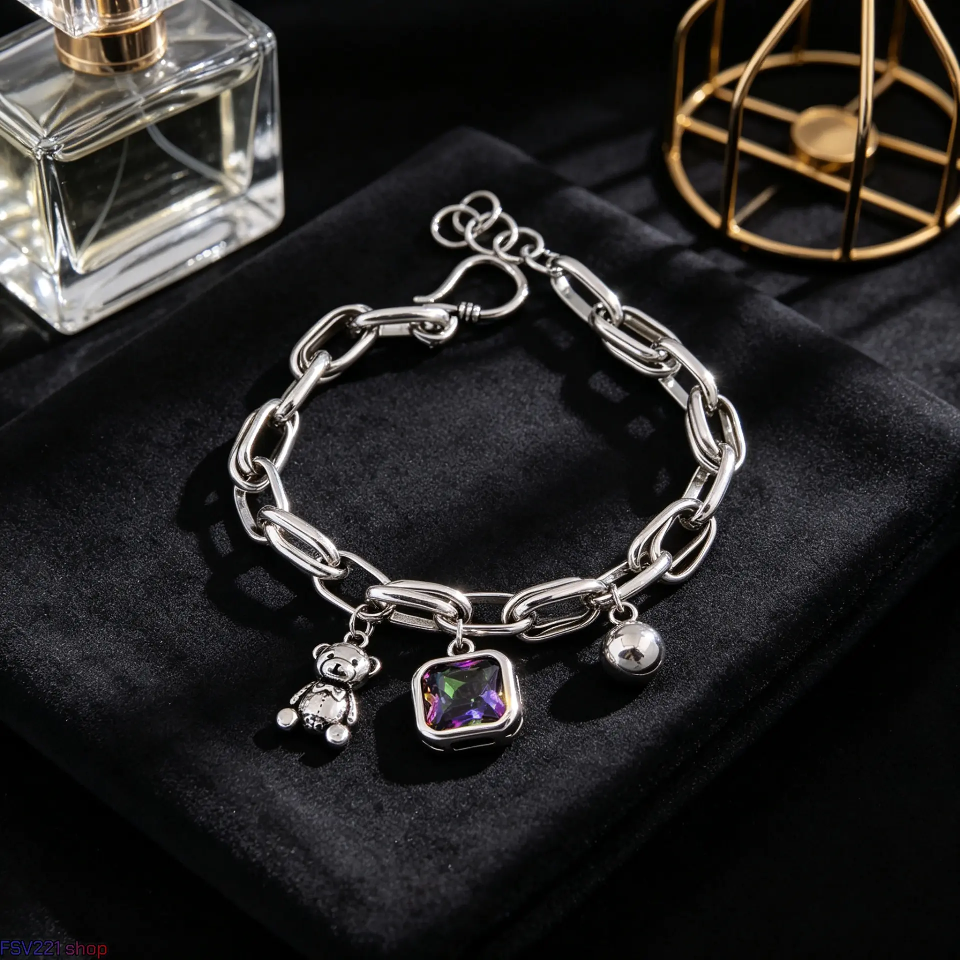 Chunky Teddy Bear Charm Bracelet Silver-Tone Thick Chain with Crystal Accent Street Style Grunge Y2K Jewelry Gift for Her campingessentials