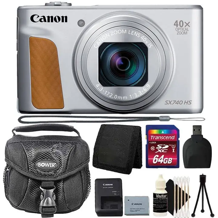 Canon PowerShot SX740 20.3MP 20.3MP HS Digital Camera Silver with+ 64GB Memory Card + Top Accessory Kit Button Device