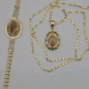 VIRGIN MARY RELIGIOUS SET necklace 24"inches bracelet 7"inches gold-plated