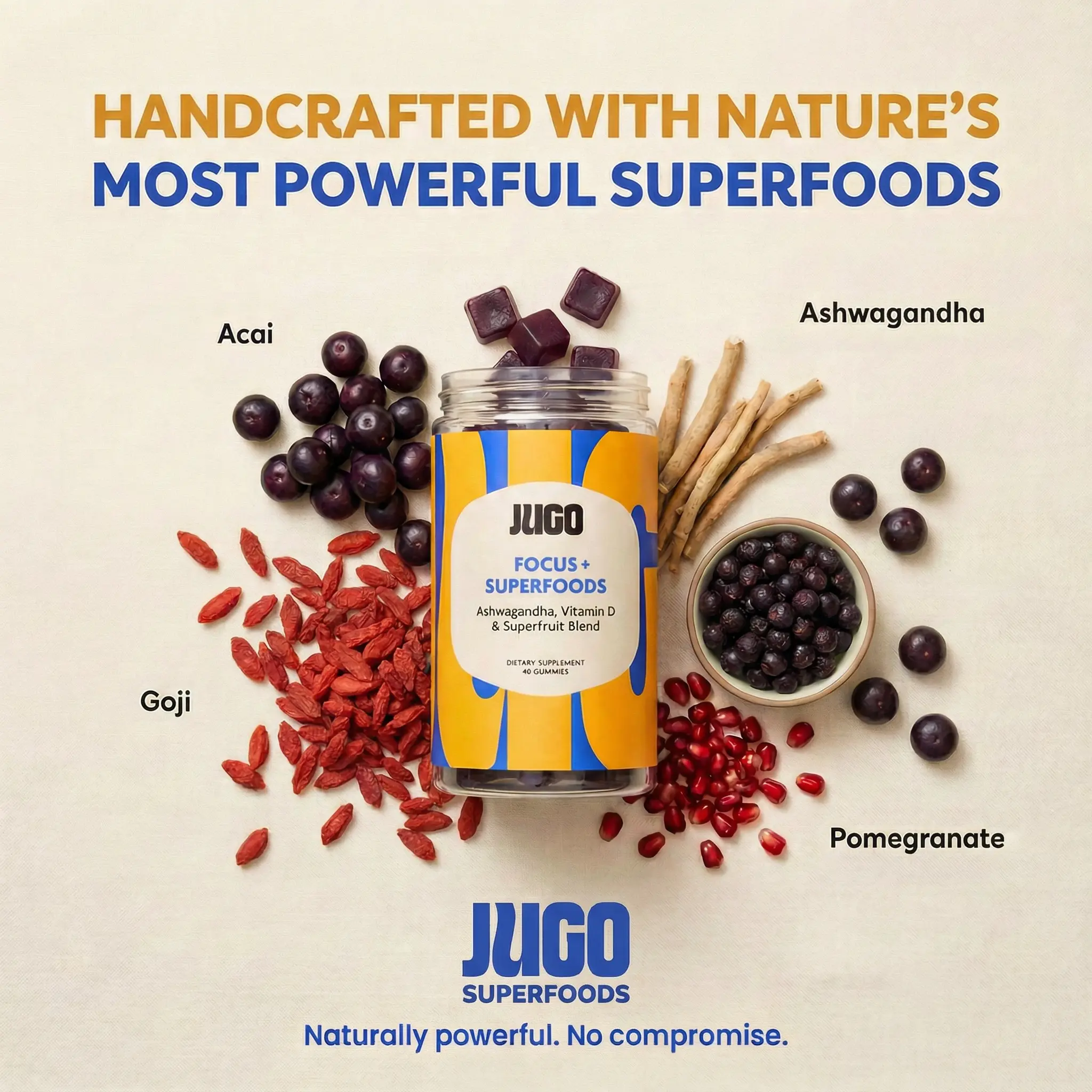 JUGO Focus + Superfoods Gummies - Ashwagandha, Vitamin D & Superfruit Blend - Dietary Supplement for Health JUGO Focus + Superfoods Gummies - Ashwagandha, Vitamin D & Superfruit Blend - Dietary Supplement for Health