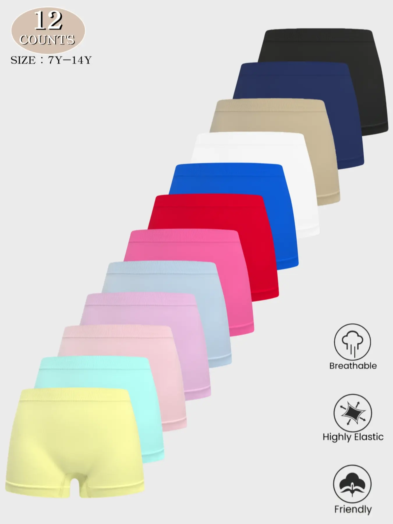 1/3/4/5/8/10/12 Pack Girls' Summer Cute Plain Briefs, Multiple Sizes (7y-14y), Comfortable Breathable Elastic Underwear, Casual Wear All Seasons