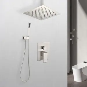 Ceiling Mounted Shower System Combo Set with 10-Inch Fixed Showerhead and Handheld Spray, Modern Bathroom Rain Shower Fixture with Adjustable Arm, Chrome Finish, for Master Bath or Guest Bathroom Upgrade, Bathroom Shower Door for Bathtub