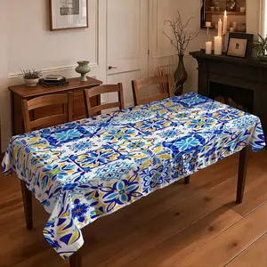 1 piece of 2D flat printed tablecloth  Bohemian Blue Yellow Floral Tablecloth, Vintage Ethnic Style Table Decor Cover, Dustproof Cloth for Home Restaurant