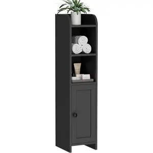 Small Bathroom Storage Corner Floor Cabinet with Door and Shelves, Beside The Toilet Paper Stand for Skinny, Narrow Toilet Paper Cabinet, 7.9" D x 7.1" W x 31" H, Black