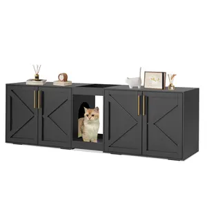 Cat Litter Box Enclosure, 55 Inch Large Hidden Litter Box Furniture for 2 Cats, Double Wooden Kitty Litter Box Cabinet with Soft Cushion & Storage Shelf, Modern Cat Washroom Side Table