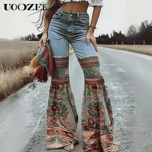 UOOZEE Retro Skinny Jeans Pants Autumn Winter Blue Vintage Floral Printed Bottoms with Pockets Woman High-Waisted Flared Pants,deal for Festival Outings, Boho Brunch & Retro Street Style (Sizing Runs Small - Check Size Guide or Order Larger) baggy jeans S