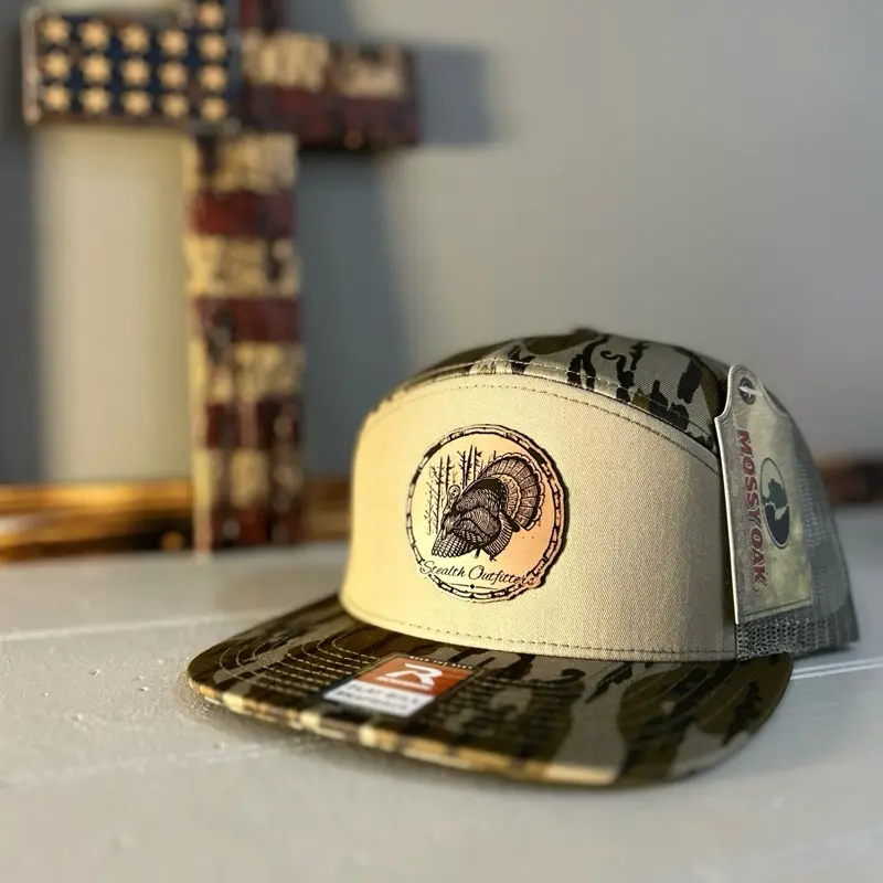 Richardson 168p 7 Panel Bottomland Camo Stealth Outfitters Circle Turkey Leather Patch Camo Trucker Hat for Outdoor Enthusiasts
