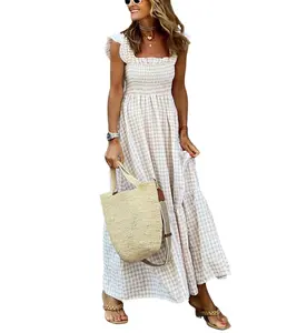 Ebossy Women's Summer Khaki Retro Plaid Smocked Dress Sleeveless Spaghetti Strap Flounce Long Dress Casual Womenswear Bohemian Sundresses