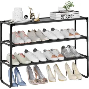 Long Shoe Rack, 3-Tier Stackable Shoe Organizer for Closet, Entryway, Hallway, Extra Bottom Layer, Holds 16-20 Pairs, Sturdy & Durable  Fabric Shelf, Space-Saving,Black