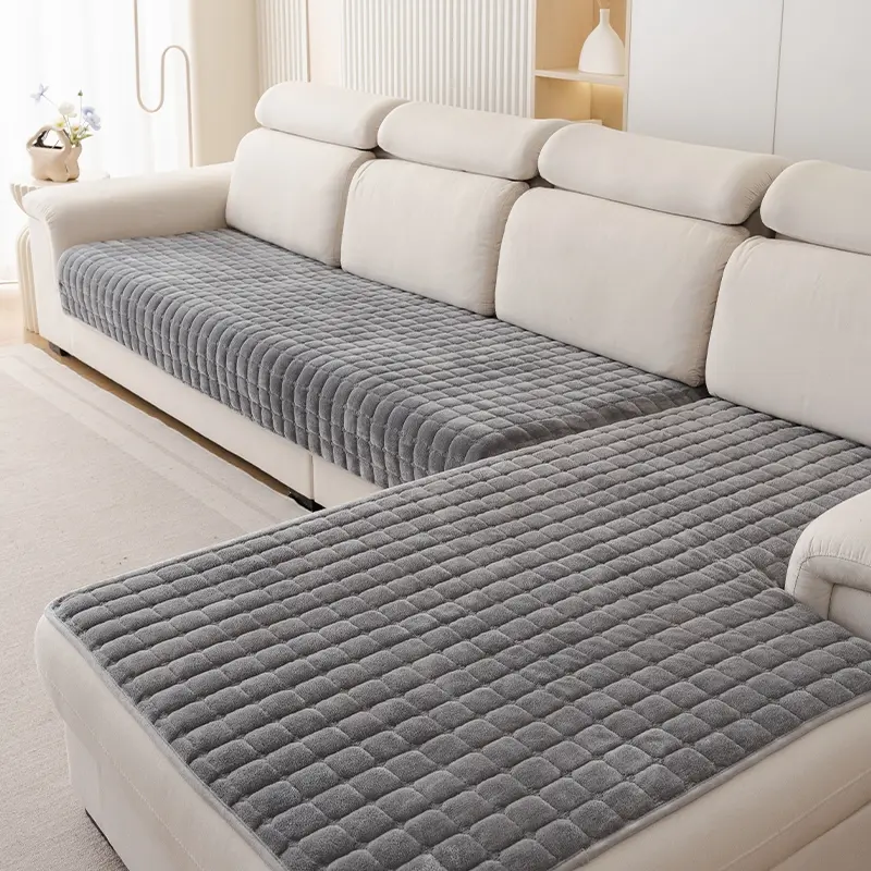 Heated Flannel Sofa Cushion, Non-Slip Single Cover, Geometric Square Pattern, Pet Friendly, Easy to Clean, Fits Single to Four Seater, Sofa Couch Covers, Sofa Protector Slipcover, Couch Protectors