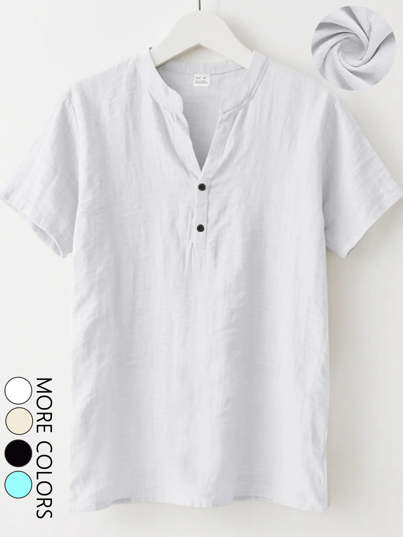 Men's summer linen short-sleeve shirt, with a crew-neck V-notch plain design and buttons, casual lightweight, perfect for back-to-school season, breathable V neck, Breathable Linen Texture