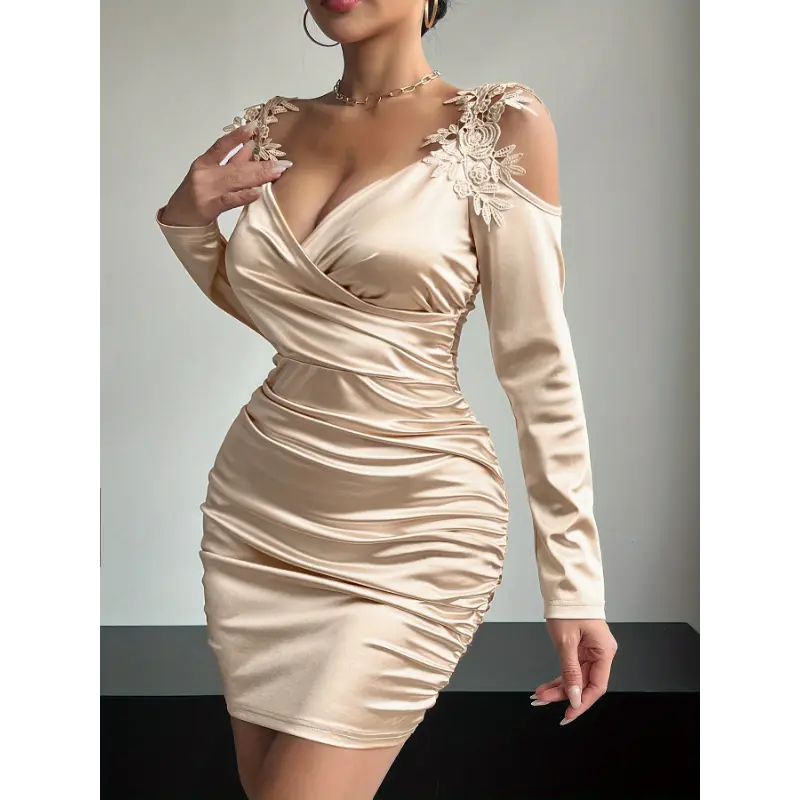 Sensual Satin Bodycon Dress - Elegant Dresses for Women with Cold Shoulder, Ruched Detailing, and Guipure Lace - Perfect for Formal Events and Parties Fabric Polyester Womenswear Workwear Elastic Strapless Satin Prom Dress